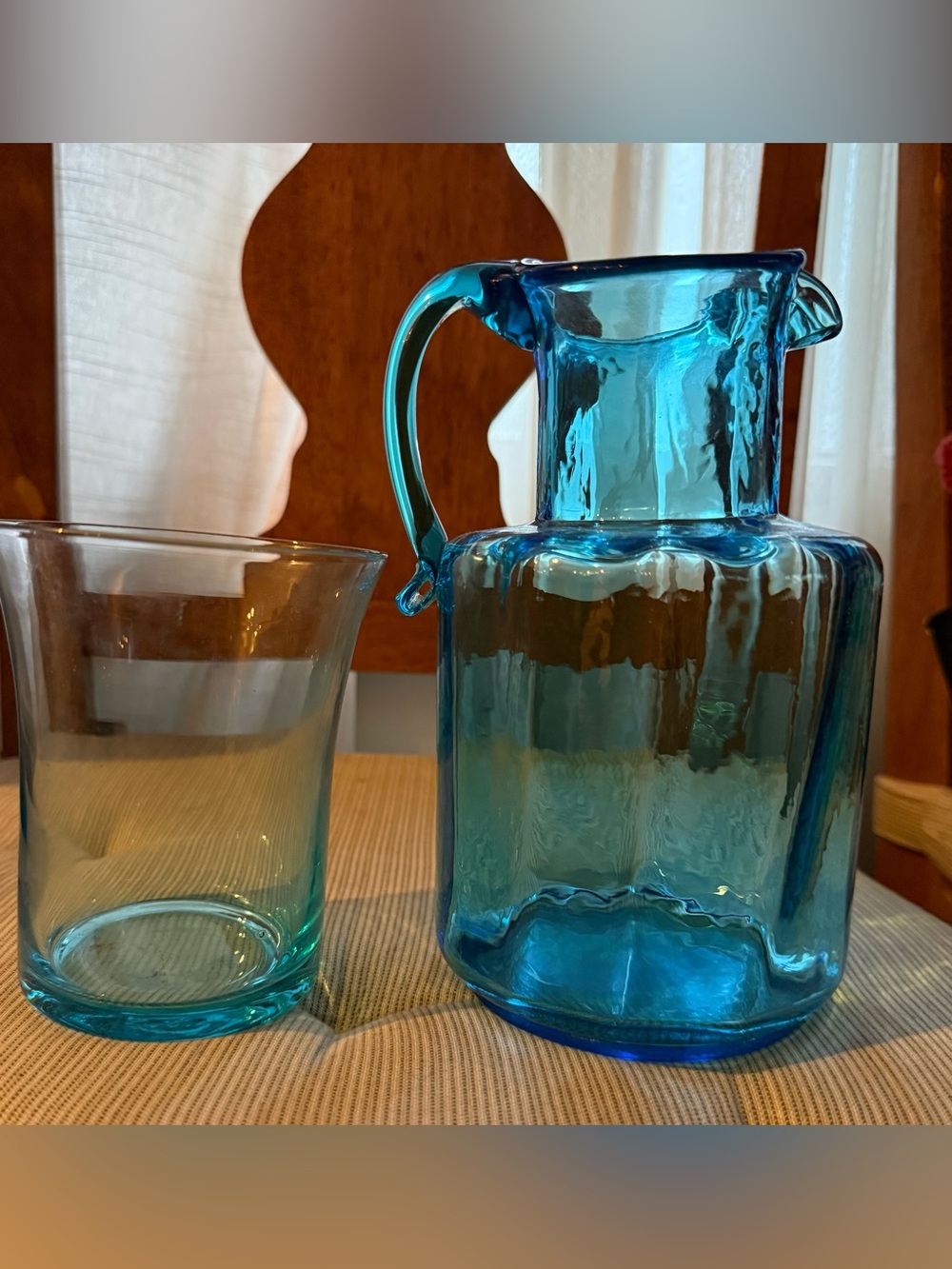 Blue Glass small Pitcher & blue glass open top container or cup